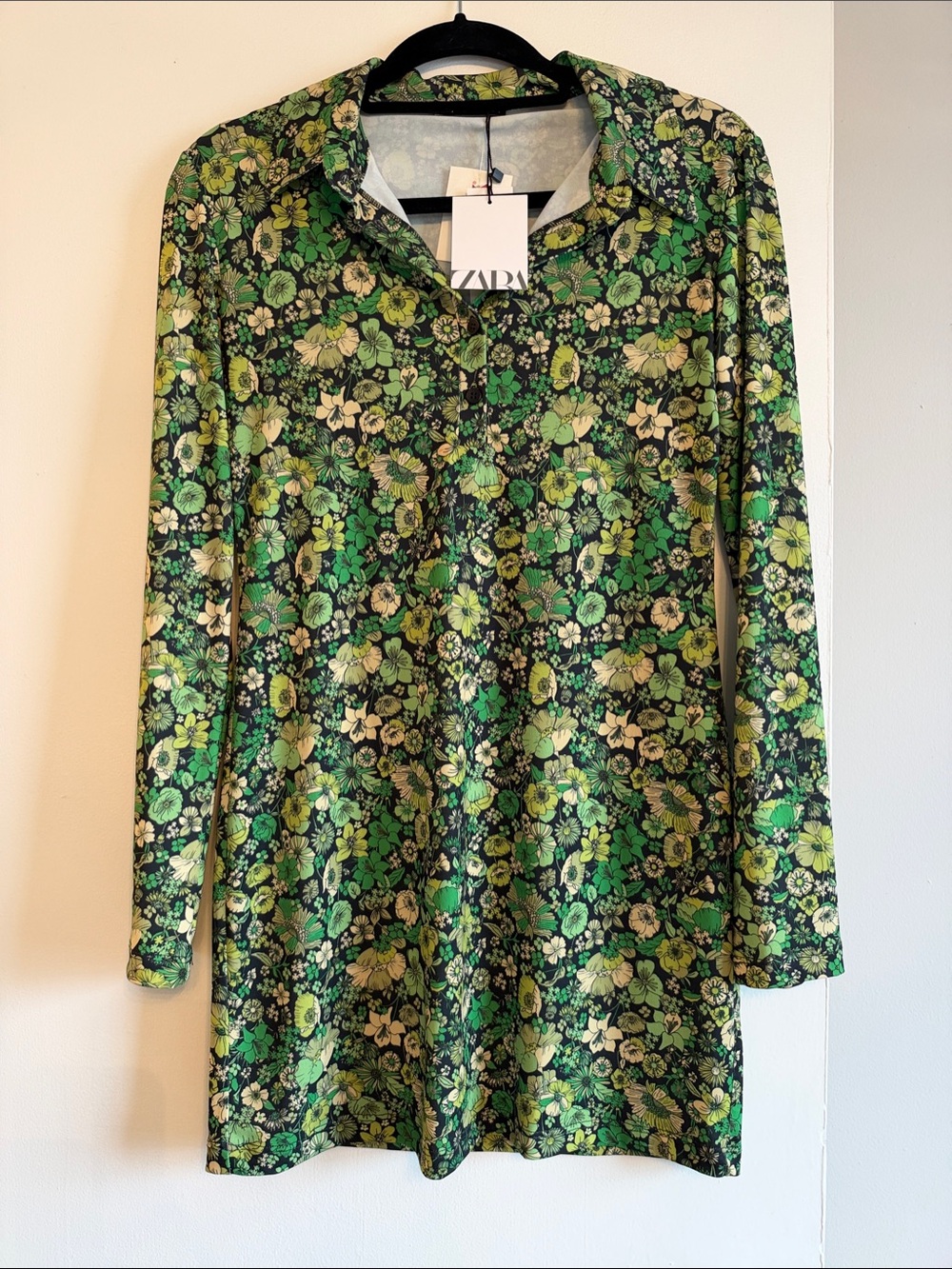 Zara Green and Black Floral Long-Sleeve Dress